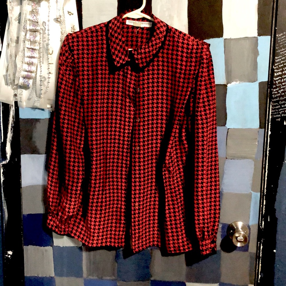Red and black patterned button down shirt